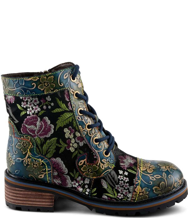 ラリティステ レディース シューズ ブーツ・レインブーツ フラワー柄 刺繍 フラワー L'ARTISTE Fantastic Embroide red and Embossed Floral Combat Booties Blue Multi ブルー|ReVida 店