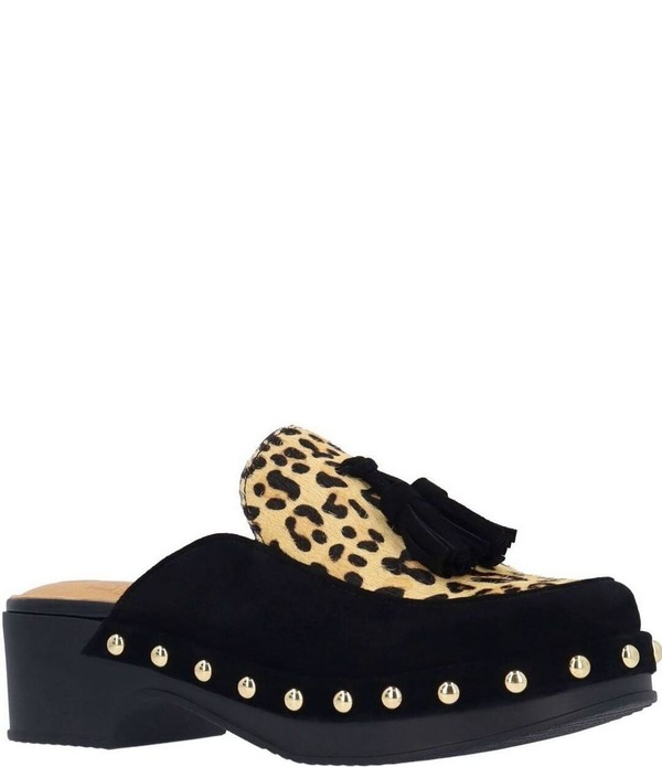 ラモールドピード レディース シューズ サンダル プリント スエード L'Amour Des Pieds Gracen Suede Leopard Print Calf Hair Tassel Studded Clog Mules Black/Brown ブラック|ReVida 店