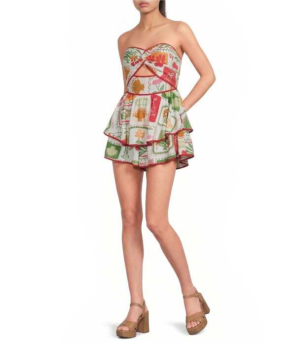 ディーエリー レディース トップス ワンピース プリント ロンパース ミニ ストラップレス Deelly Sweetheart Strapless Postcard Print Mini Flutterompe red Multi レッド｜ReVida 店