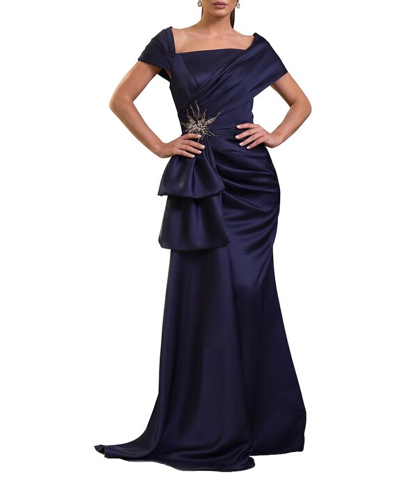 テラニクチュール レディース トップス ワンピース ドレープ サテン Terani Couture Satin Off The Shoulder Neck Short Sleeve Front Rhinestone Drape Gow navy ネイビー|ReVida 店