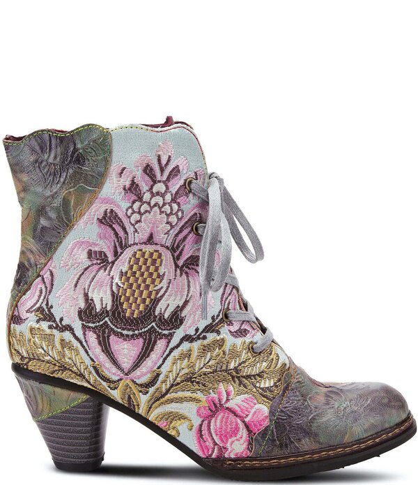 ラリティステ レディース シューズ ブーツ・レインブーツ フラワー柄 刺繍 レース レザー フラワー L'ARTISTE Siren Leather and Floral Embroide red Lace Up Booties Mint Green Multi グリーン｜ReVida 店
