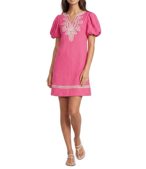カレッサ レディース トップス ワンピース Vネック バルーンスリーブ プチ 刺繍 Calessa Petite Sizembroide red Split V-Neck Elbow Balloon Sleeve Shift Dress Fuchsia フューシャ｜ReVida 店