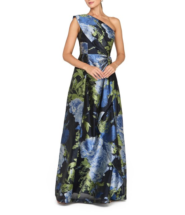 ケイ アンジャー レディース トップス ワンピース Kay Unger Organza Jacquard One Shoulder Gown Dark Twilight|ReVida 店