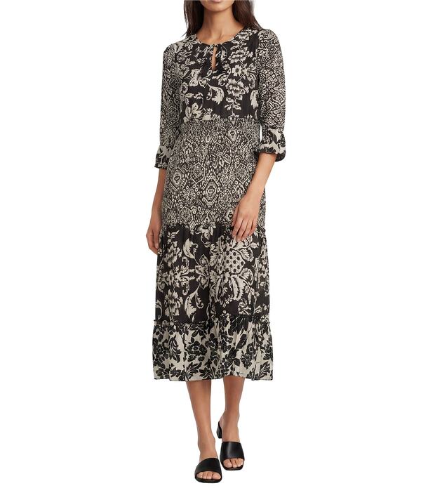 カレッサ レディース トップス ワンピース ティアード ミディ Calessa Spring Blues Round Neck Elbow Length Sleeve Tie red Midi Dress Cream/Black クリーム｜ReVida 店
