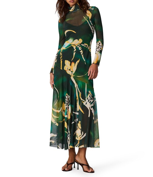 スティーブ マデン レディース トップス ワンピース プリント メッシュ ミディ Steve Madden Vivara Long Sleeve Printed Mesh Midi Dress Golden Palm｜ReVida 店