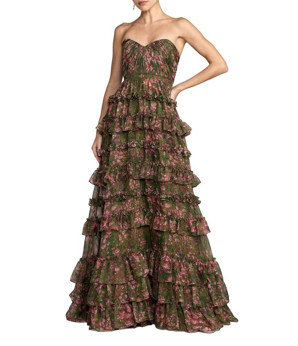 マックダガル レディース トップス ワンピース シフォン フラワー柄 フリル ストラップレス フラワー Mac Duggal Strapless Floral Chiffon ball Gown With Ruffles Green Multi グリーン｜ReVida 店 81,840円