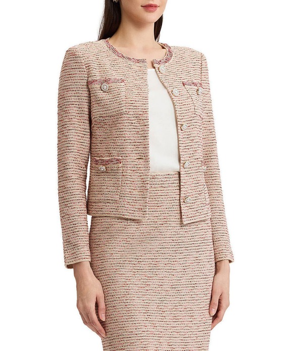 ミソック レディース アウター コート ツイード ニット ジャケット MISOOK Heritage Ribbon Tweed Knit Round Neck Long Sleeve Button-Front Jacket Honeysuckle/Russet｜ReVida 店