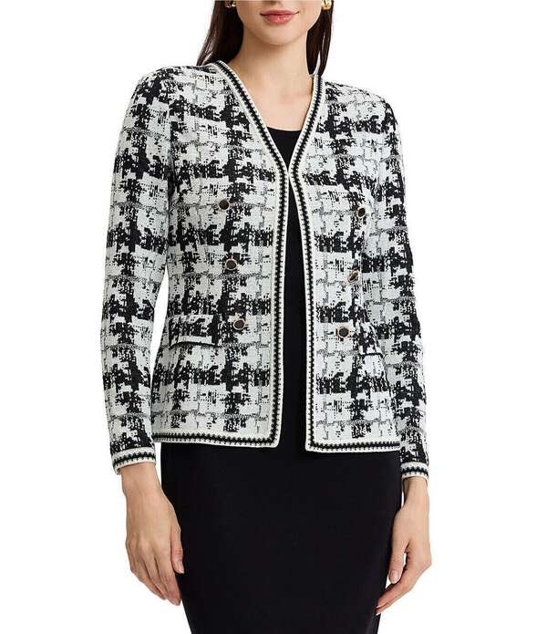 ミソック レディース アウター コート Vネック プリント ニット ジャケット MISOOK Faux Double Breasted Knit Printed Open V-Neck Long Sleeve Tailo red Jacket Black/New Ivory アイボリー｜ReVida 店