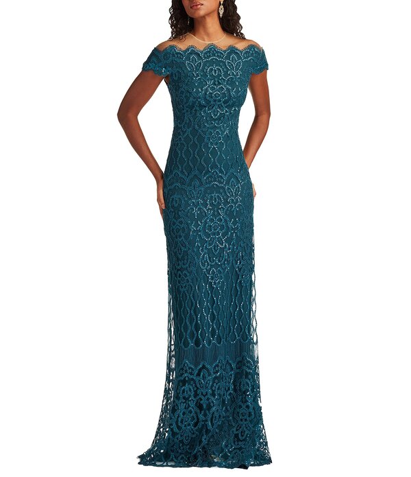 タダシショージ レディース トップス ワンピースパンコール 刺繍 Tadashi Shoji Off the Shoulder Scalloped Neck Embroide red Corded Sequin Gown Starry Night｜ReVida 店