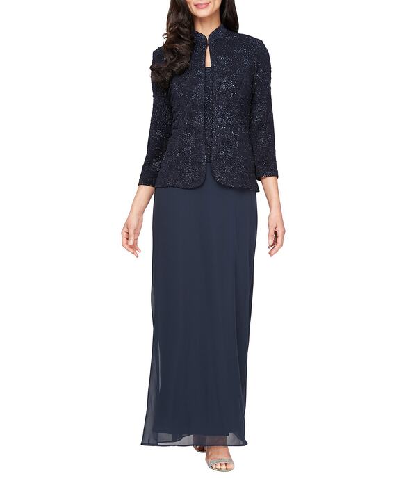 アレックスイブニングス レディース トップス ワンピース ニット ジャケット Alex Evenings Glitter Jacquard Knit Mandarineck Jacket Dess Navy ネイビー｜ReVida 店