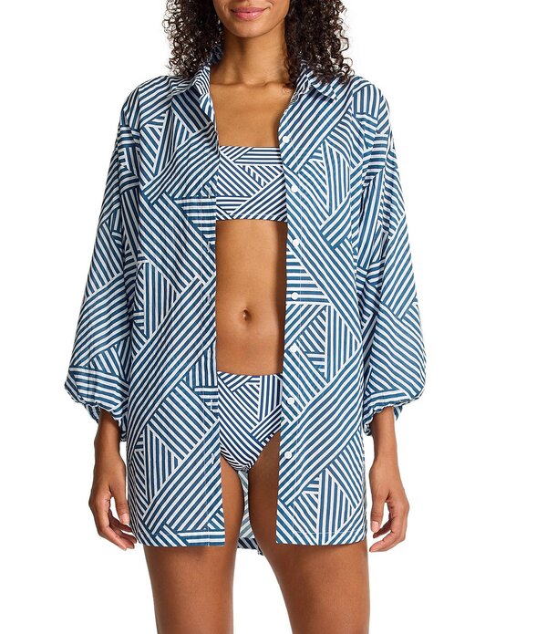 トッミーバハマ レディース トップス シャツ Tommy Bahama Cataline Coastripe Boyfriend Button Front Shirt Swim Cover-Up Indigo Tide インディゴ|ReVida 店