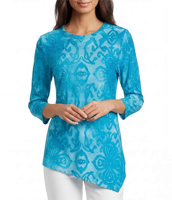 カレッサ レディース トップス カットソー Calessa Burnoutie-Dye Round Neck 3/4 Sleeve Tunic Aqua アクア｜ReVida 店