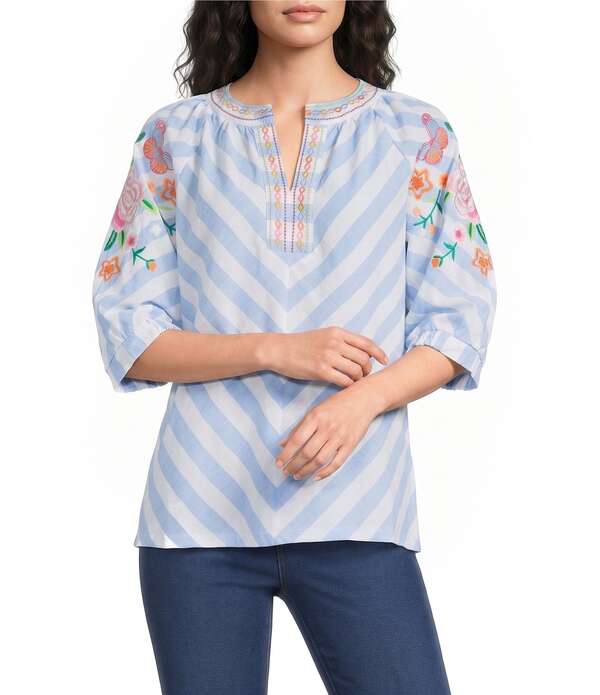 カレッサ レディース トップス シャツ Vネック 刺繍 Calessa Stripe Split V-Neck Embroide red Elbow Length Sleeve Tunic Blue/White ホワイト｜ReVida 店