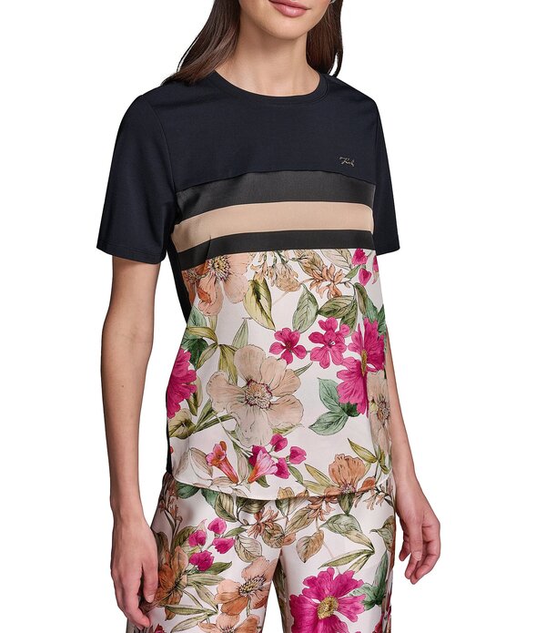 カール ラガーフェルド レディース トップス Tシャツ クルーネック フラワー柄 プリント ニット ジャージー フラワー KARLAGERFELD PARIS Refined Jersey Knit Mix Media Multi Floral Print Crew Neck Short Sleeve Coordinating Top Midnight Navy Multi ネイビー｜ReVida 店