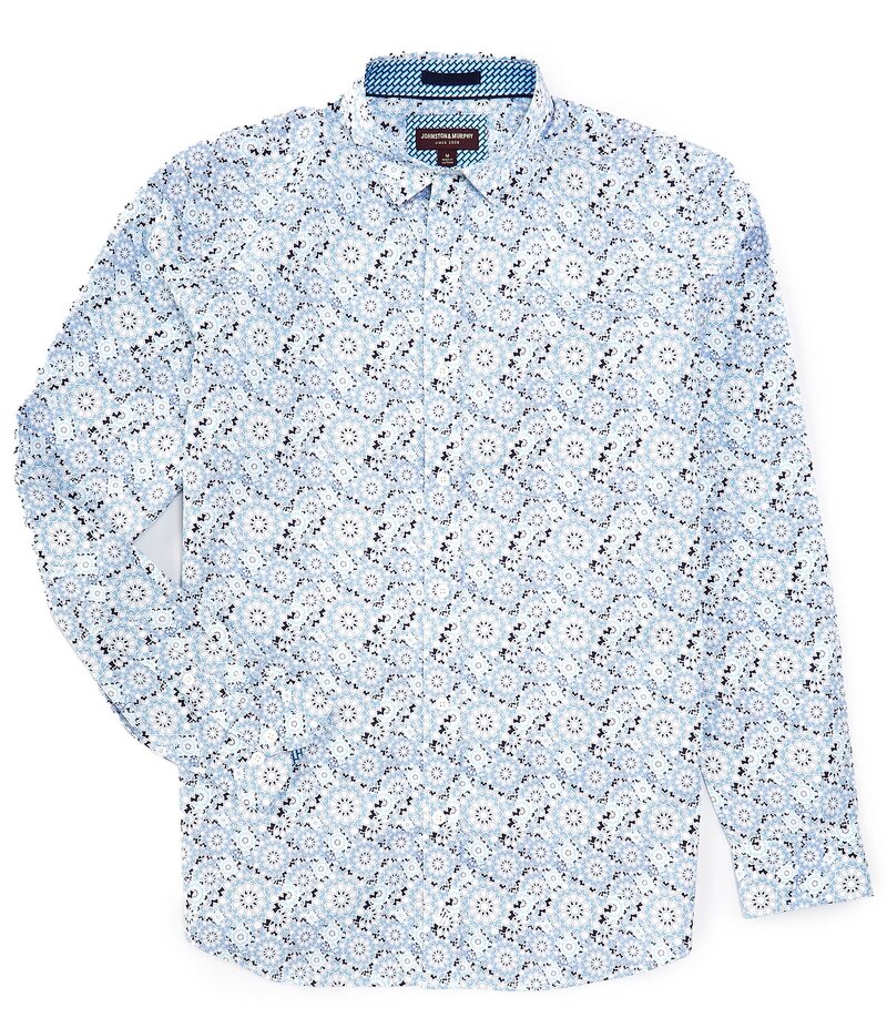 ジョンストンアンドマーフィー メンズ トップス シャツ プリント Tシャツ Johnston & Murphy Sateen Multi Point Star Print Long Sleeve Woven Shirt Light Blue ブルー