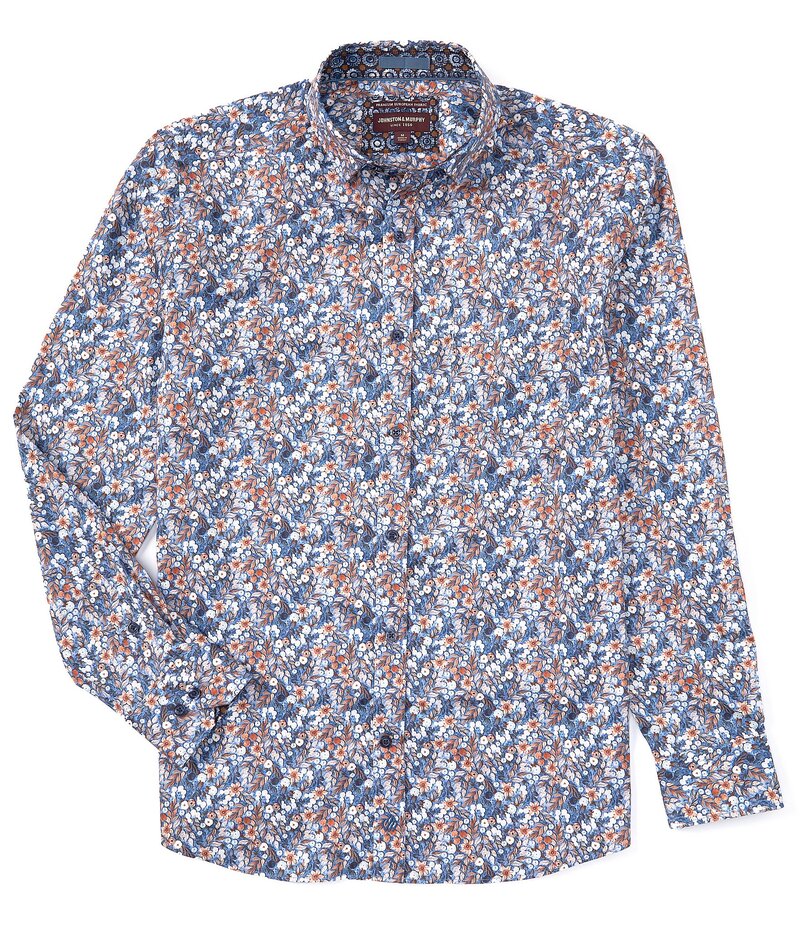 ジョンストンアンドマーフィー メンズ トップス シャツ フラワー柄 プリント Tシャツ フラワー Johnston & Murphy Sateen Floral Print Long Sleeve Woven Shirt Blue/Rust ブルー