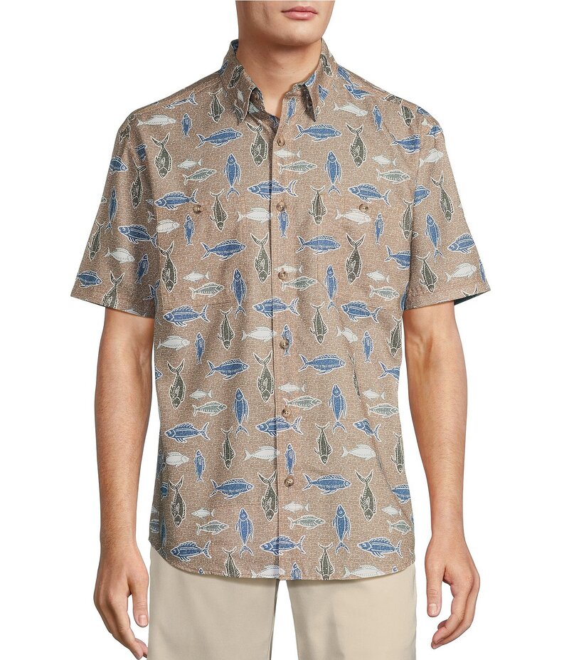 ラウンドトゥリーアンドヨーク メンズ トップス シャツ プリント Roundtree & Yorke The Charter Performance Vented Chambray Short Sleeve Fish Print Fishing Sport Shirt Khaki カーキ
