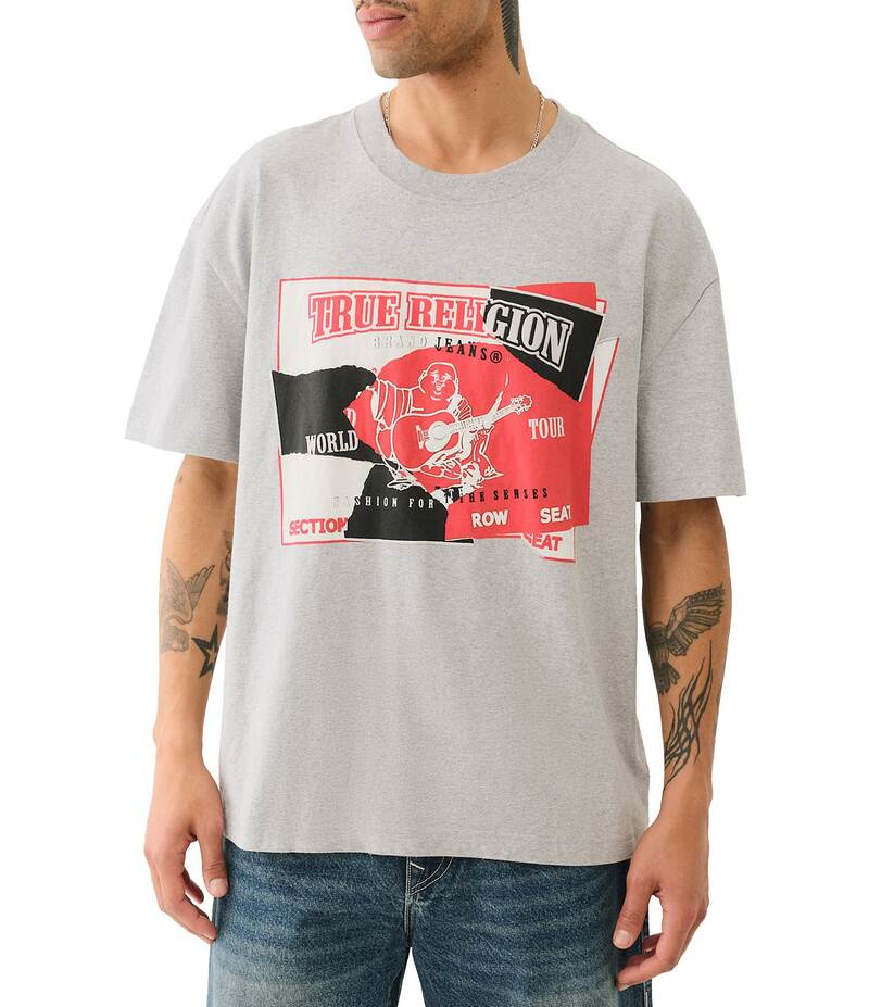 トゥルーレリジョン メンズ トップス シャツ Tシャツ グラフィック True Religion Torn Short Sleeve Graphic T-Shirt Heather Grey グレー