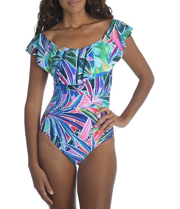 楽天 ラブランカ レディース ワンピース トップス Palm Opulence Off The Shoulder Ruffle One Piece Swimsuit Multi Revida 店 爆売り Www Aquabikespa Com