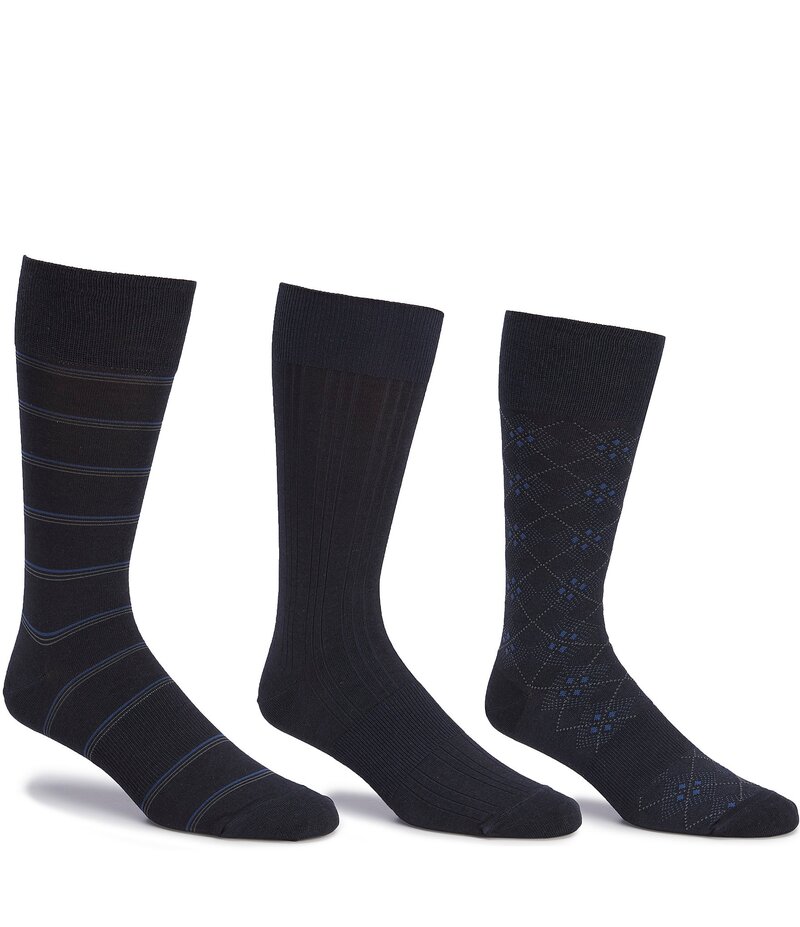 ラウンドトゥリーアンドヨーク メンズ アンダーウェア 靴下 Gold Label Roundtree & Yorke Assorted Argyle-Solid-Stripe Crew Socks 3-Pack Navy ネイビー