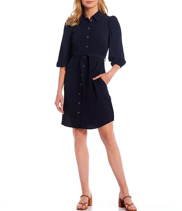 New限定品 カルバンクライン レディース ワンピース トップス Collared Button Front 3 4 Puff Sleeve Shirtdress Indigo 独創的 Www Pal Economy Com