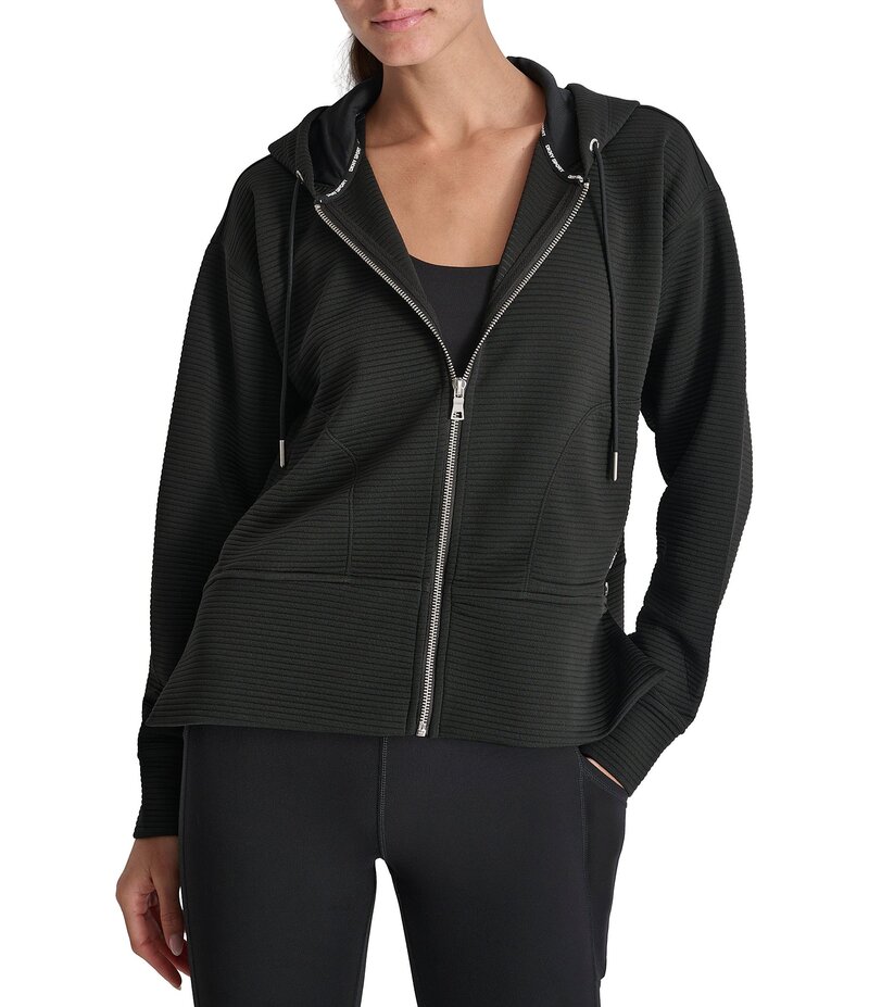 ダナキャラン レディース アウター 厚地の外套 パーカー DKNY by Donna Karan Long Sleeve Zip Front Side Zip Detail Hoodie Black 黒いこと