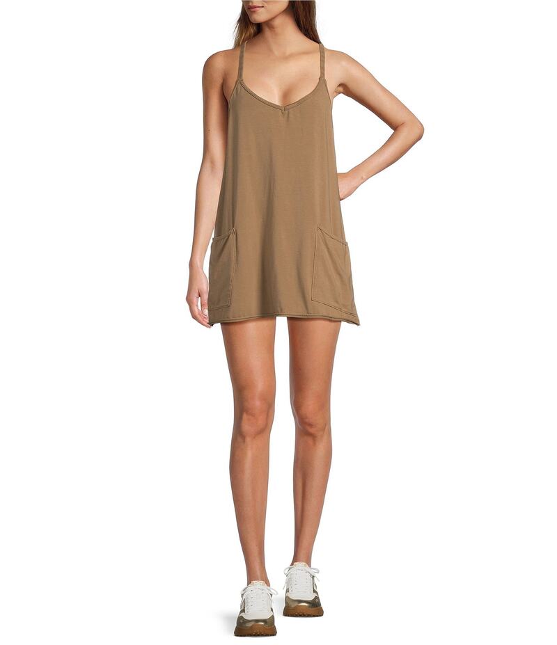 フリーピープル レディース トップス ワンピース Vネック ミニワンピース ミニ ノースリーブ Free People FP Movement Hot Shot V-Neck Sleeveless Patch Pocket Mini Dress Mocha Latte モカ