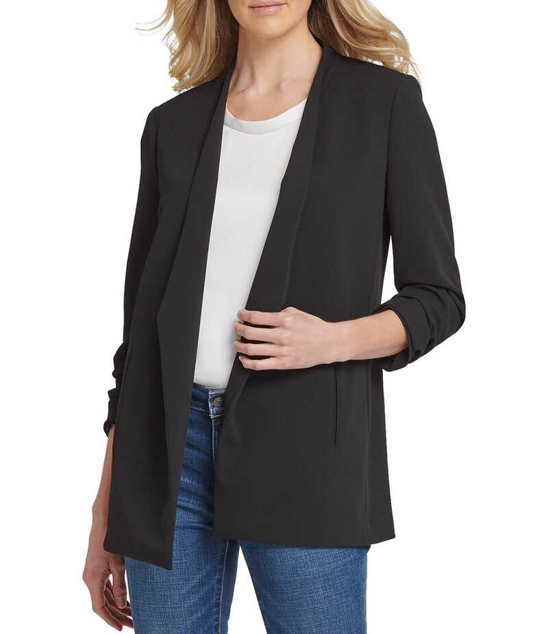 ダナキャラン レディース アウター コート クレープ ギャザー スキューバ ジャケット DKNY by Donna Karan Scuba Crepe Ruched 3/4 Ruched Sleeve Open Front Jacket Black ブラック