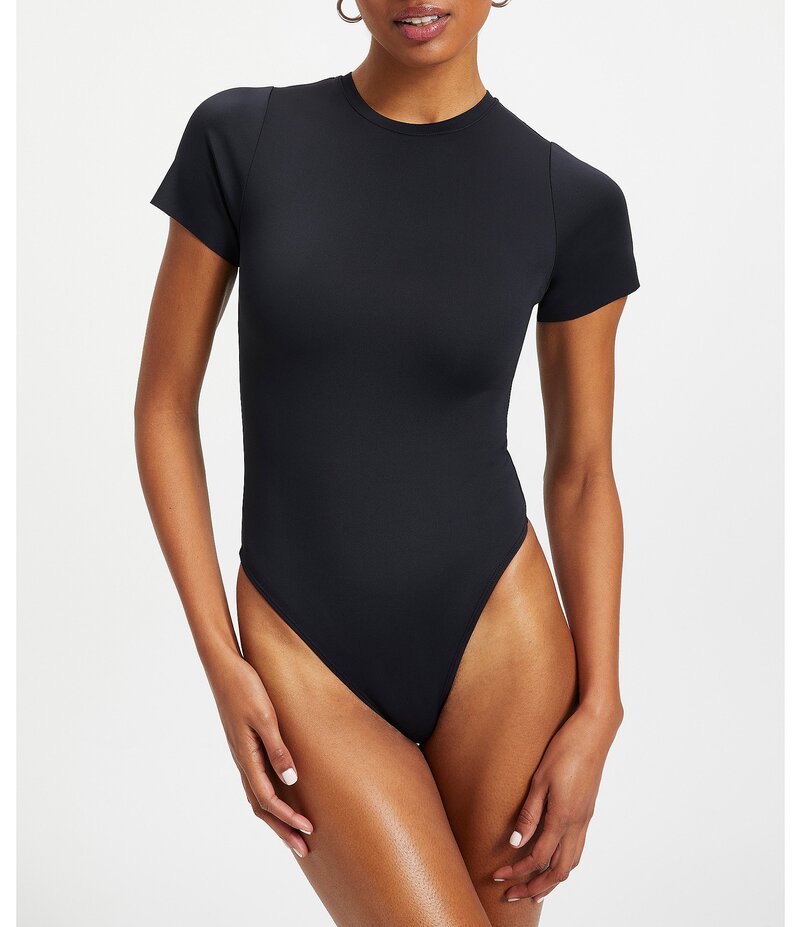 グッドアメリカン レディース トップス シャツ クルーネック スキューバ ボディースーツ Good American Compressive Scuba Crew Neck Short Sleeve Bodysuit Black ブラック｜ReVida 店