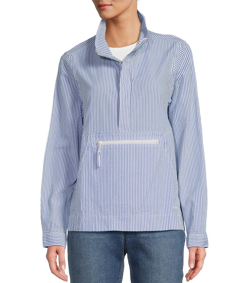 エルエルビーン レディース アウター コート モックネック ハーフジップ ジャケット L.L.Bean Seersucker Anorak Mock Neck Half Zip Pullover Long Sleeve Jacket Bright Capri