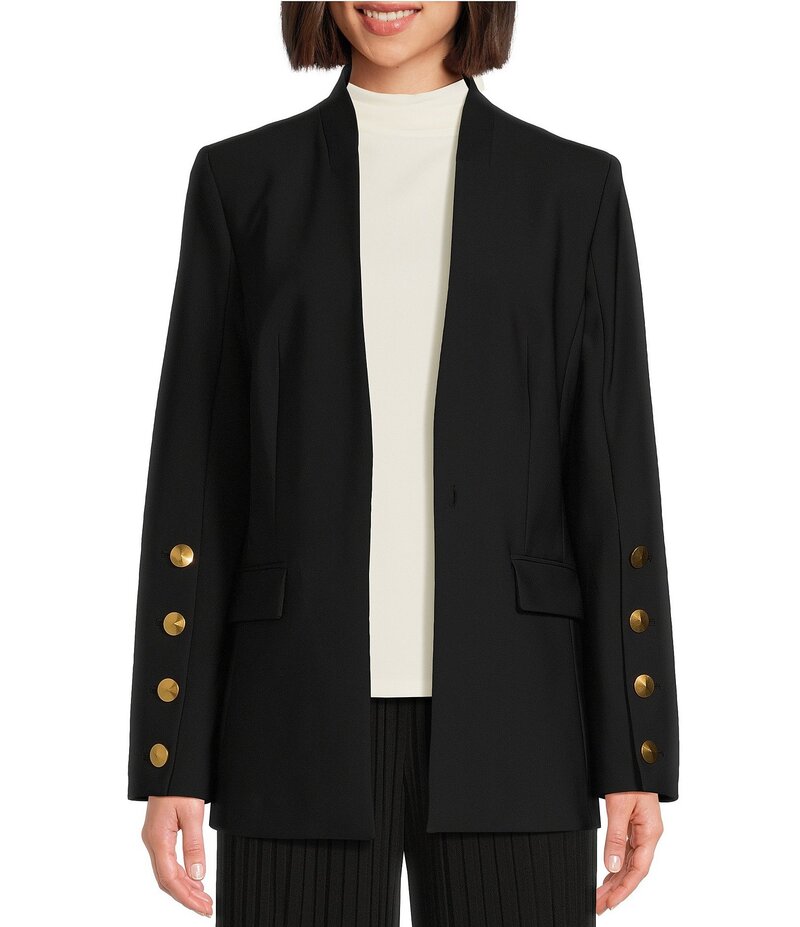 ダナキャラン レディース アウター 厚地の外套 スポーツジャケット Donna Karan Open Front Hardware Button Sleeve Blazer Black 黒いこと
