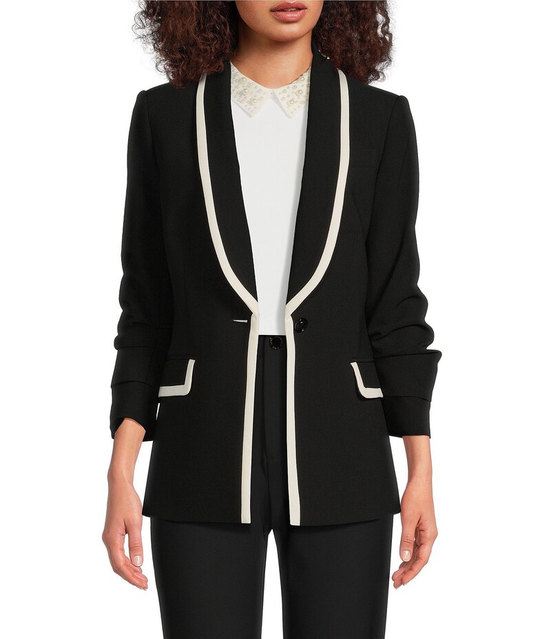 長い巻き毛 ラガーフェルド レディース アウター 厚地の外套 対照 上衣 KARL LAGERFELD PARIS Stretch Contrast Trim Long Sleeve Jacket Black/Soft White 白いこと
