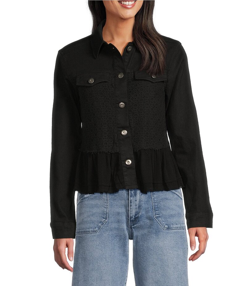 スカーリー レディース アウター 厚地の外套 ジーンズ スピード競技 上衣 Scully Denim Lace Voile Point Collar Long Sleeve Button Front Jacket Black 黒いこと
