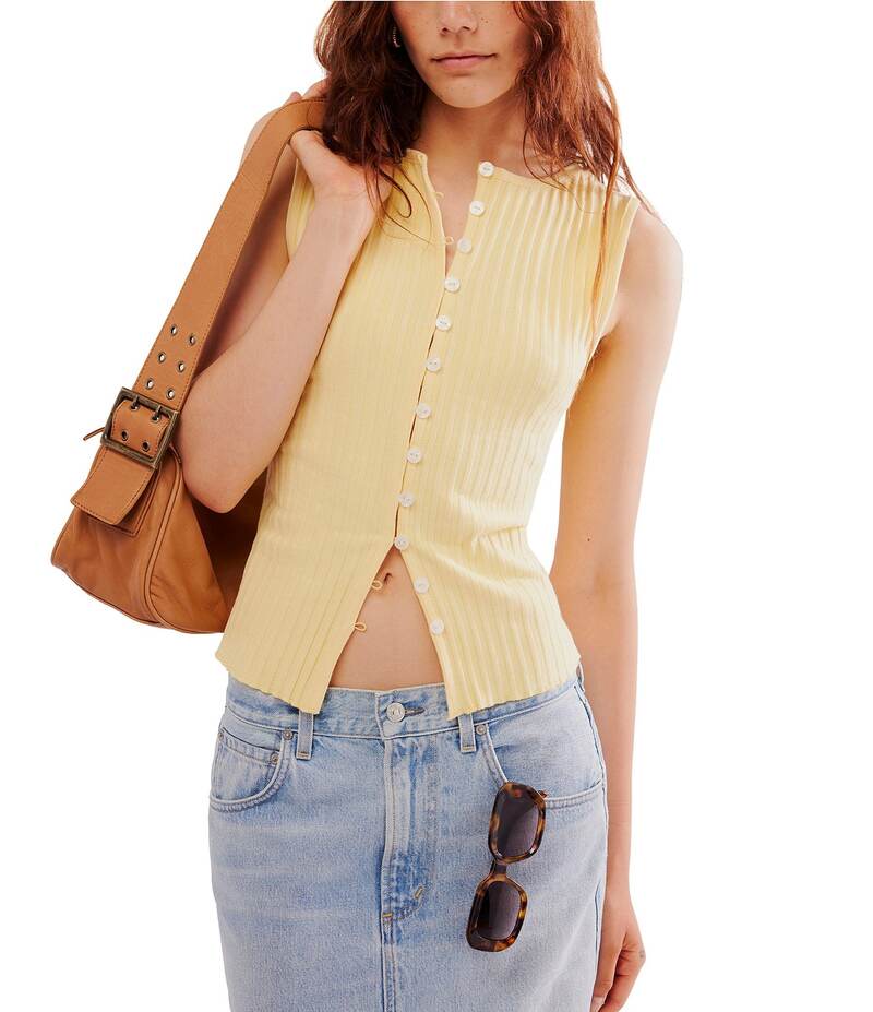 フリーピープル レディース トップス シャツ クルーネック リブ ベスト ノースリーブ ニット Free People Tilly Ribbed Knit Crew Neck Sleeveless Fitted Vest Mellow Yellow イエロー|ReVida 店