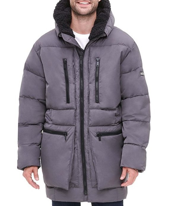 最高の品質の アウター ジャケット ブルゾン メンズ ニューヨーク キャラン ダナ Long Sleeve Charcoal Jacket Puffer Front Zip Hood Lined Sherpa Oversized コート ジャケット Slcp Lk