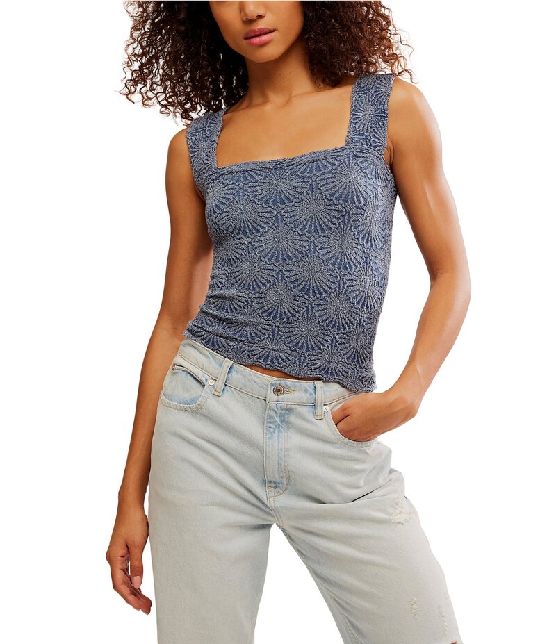 フリーピープル レディース トップス シャツ フラワー柄 ノースリーブ フラワー Free People Love Letter Jacquard Floral Square Neck Sleeveless Wide Strap Cami Top Indigo Pura インディゴ