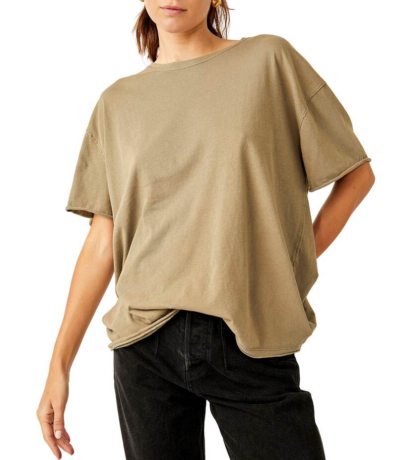 フリーピープル レディース トップス シャツ クルーネック Tシャツ Free People Nina Short Sleeve Raw Edge Crew Neck Boxy Tee Shirt Olive Stone オリーブ|ReVida 店