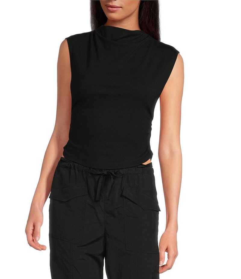 ジャンビニ レディース トップス シャツ モックネック キャップ ニット Gianni Bini Knit Mock Neck Cap Sleeve Crop Top Black ブラック｜ReVida 店