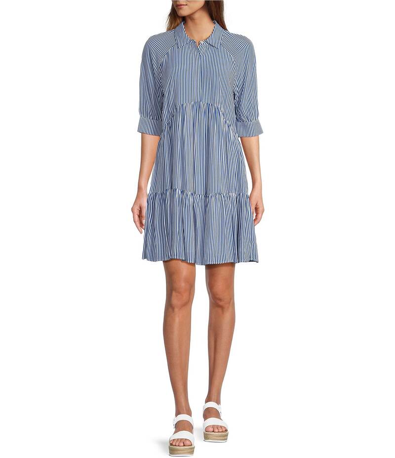 エーラブズエー レディース トップス ワンピース シャツワンピース ミニ シャツ A Loves A Striped Point Collar 3/4 Cuffed Sleeve Button Front Mini Shirt Dress Blue/White ホワイト