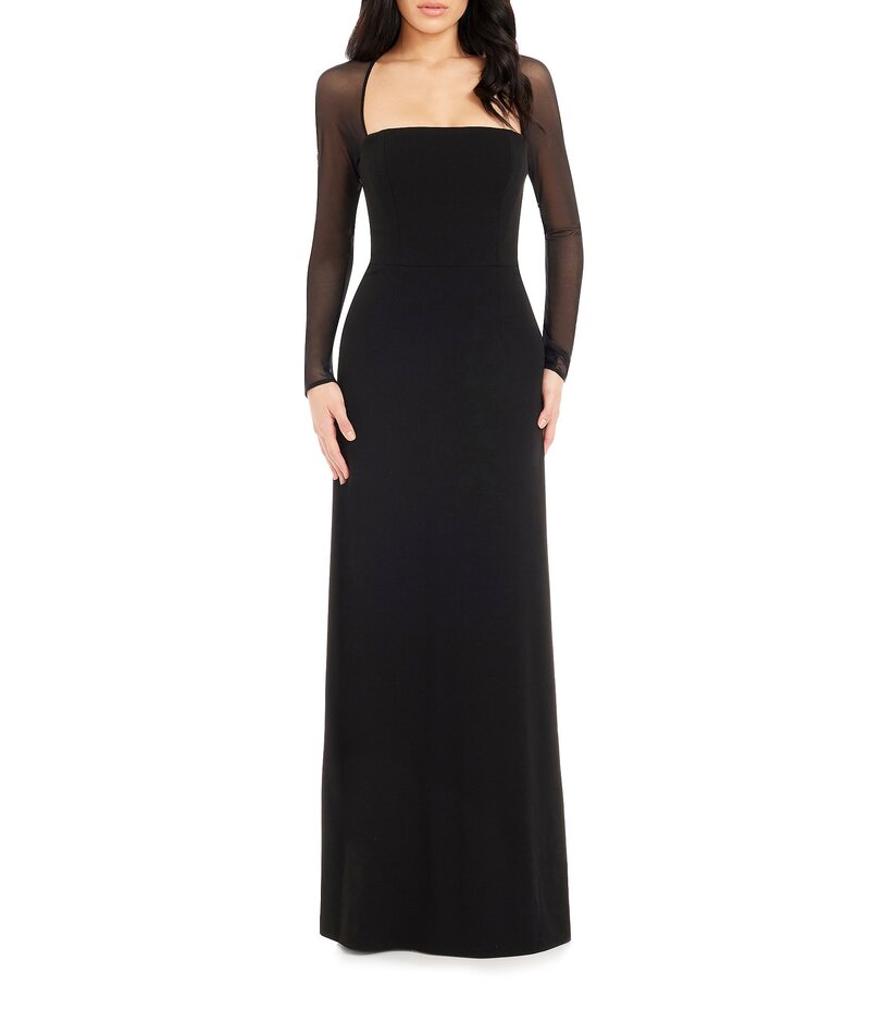 ドレスザポプレーション レディース トップス ワンピース メッシュ Dress the Population Maxwell Square Neck Mesh Long Sleeve Column Gown Black ブラック|ReVida 店