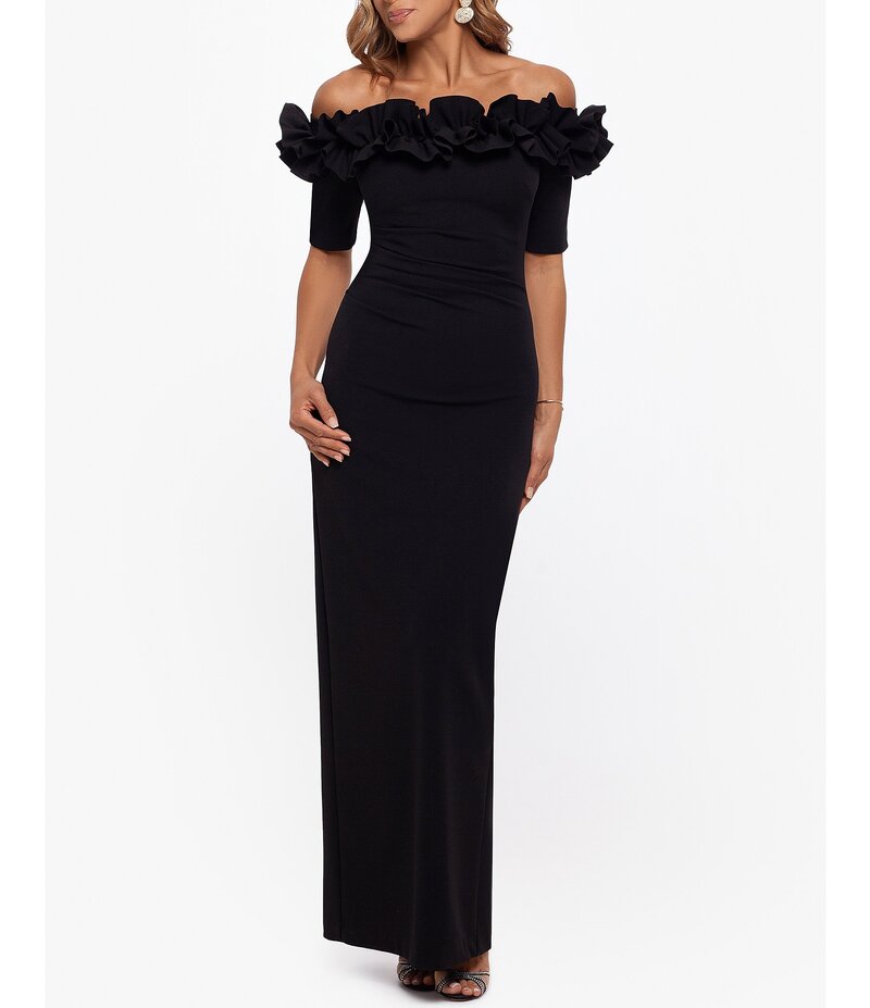 エスケープ レディース トップス ワンピース クレープ フリル Xscape Ruffled Off-the-Shoulder Short Sleeve Crepe Sheath Gown Black ブラック｜ReVida 店