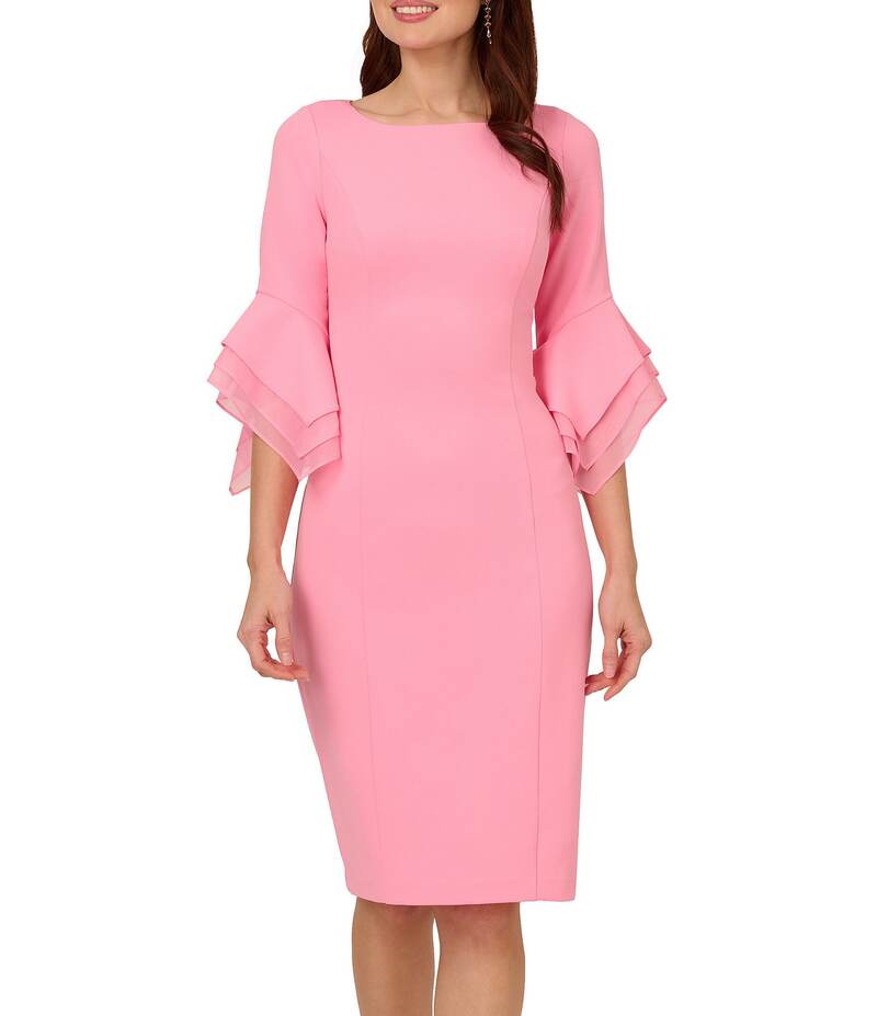 アドリアナ パペル レディース トップス ワンピース クレープ Adrianna Papell Stretch Crepe 3/4 Bell Sleeve Boat Neck Sheath Dress Cherry Blossom｜ReVida 店