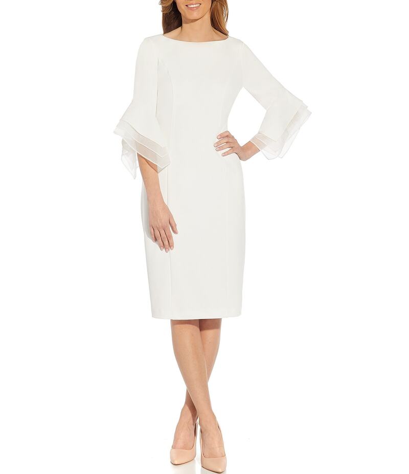 アドリアナ パペル レディース トップス ワンピース クレープ Adrianna Papell Stretch Crepe 3/4 Bell Sleeve Boat Neck Sheath Dress Ivory アイボリー｜ReVida 店
