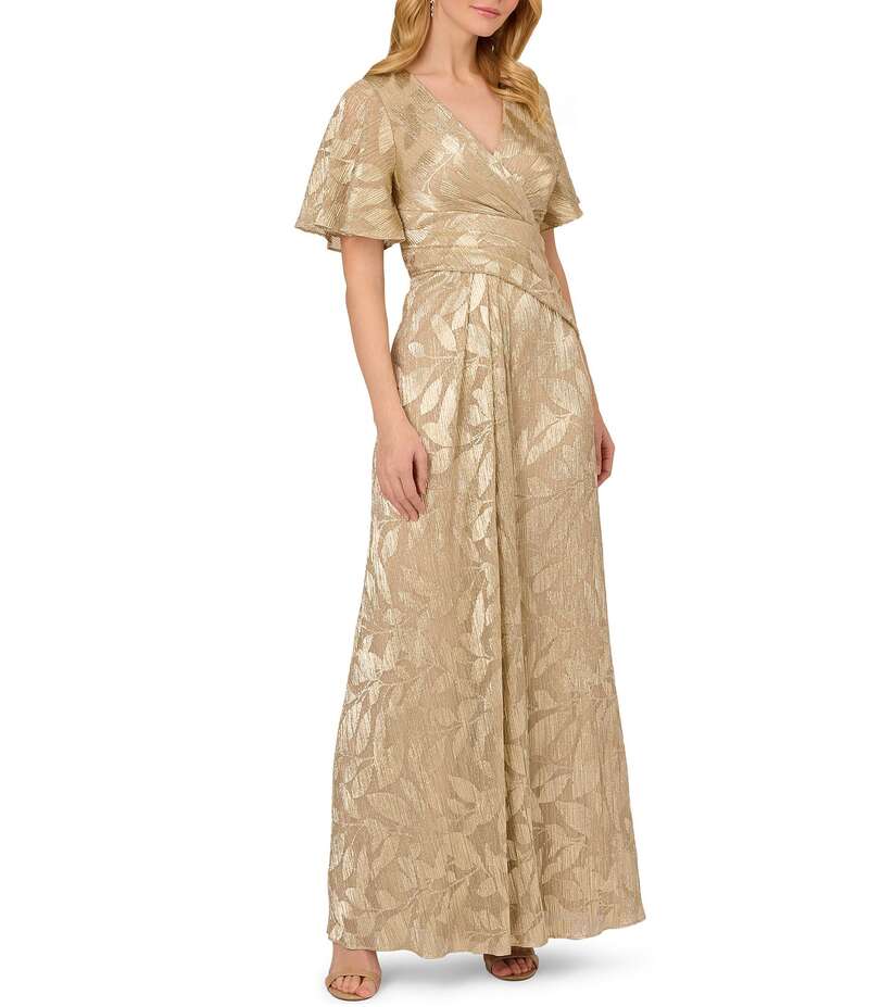 アドリアナ パペル レディース トップス ワンピース Vネック プリント Adrianna Papell Foiled Leaf Print Surplice V-Neck Short Flutter Sleeve Gown Champagne シャンパン|ReVida 店
