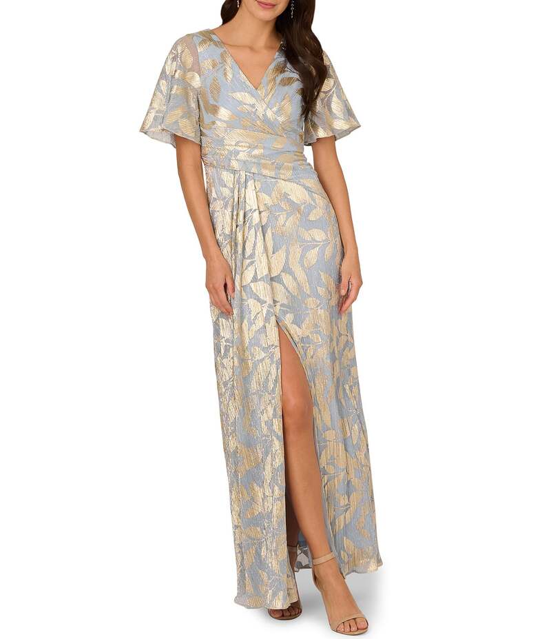 アドリアナ パペル レディース トップス ワンピース Vネック プリント Adrianna Papell Foiled Leaf Print Surplice V-Neck Short Flutter Sleeve Gown Light Blue/Gold ブルー