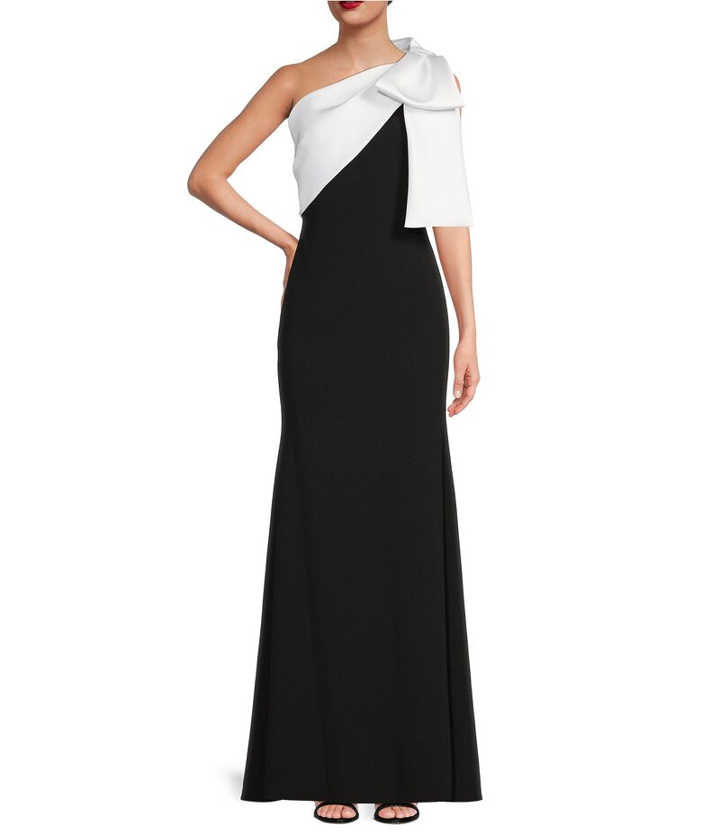 ベッツィアンドアダム レディース トップス ワンピース クレープ サテン スキューバ ノースリーブ Betsy & Adam Satin Bow One Shoulder Scuba Crepe Sleeveless Mermaid Gown Black/White ホワイト
