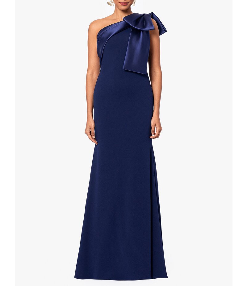 ベッツィアンドアダム レディース トップス ワンピース クレープ サテン スキューバ ノースリーブ Betsy & Adam Satin Bow One Shoulder Scuba Crepe Sleeveless Mermaid Gown Navy ネイビー