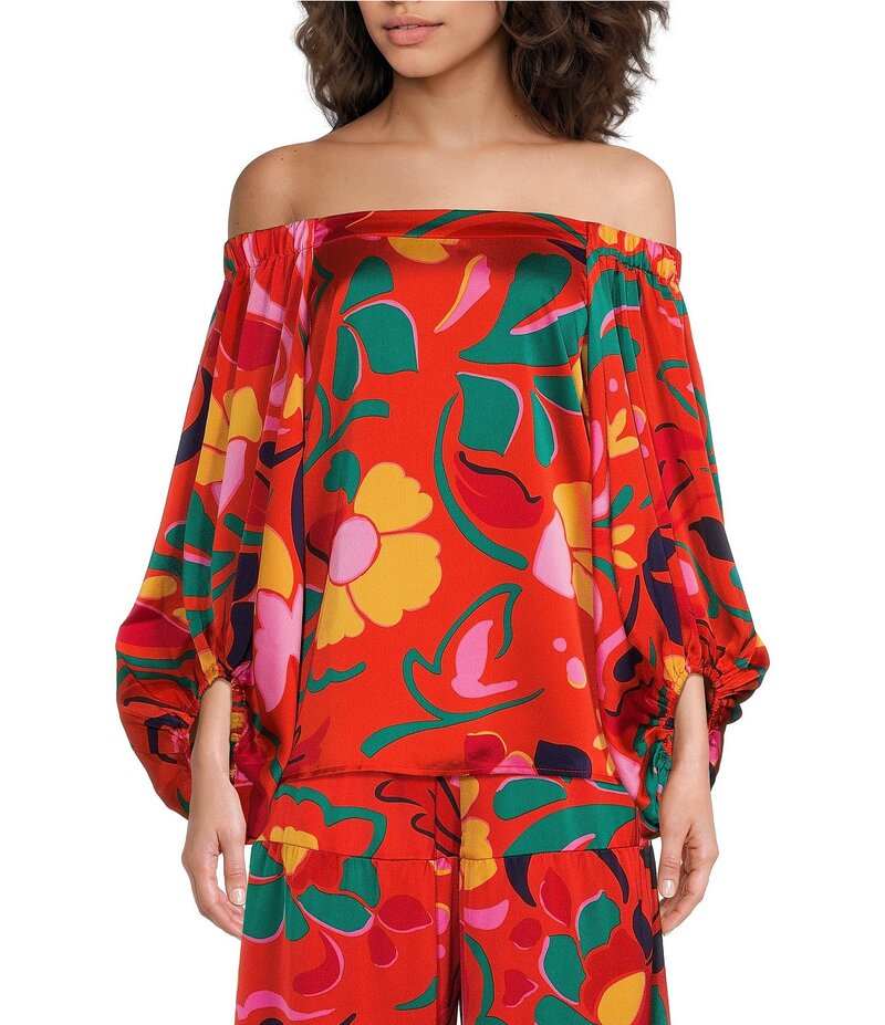 シュガーリップス レディース トップス シャツ プリント サテン Sugarlips Satin Tropical Abstract Print Off The Shoulder Neck Long Sleeve Coordinating Top Orange Multi オレンジ