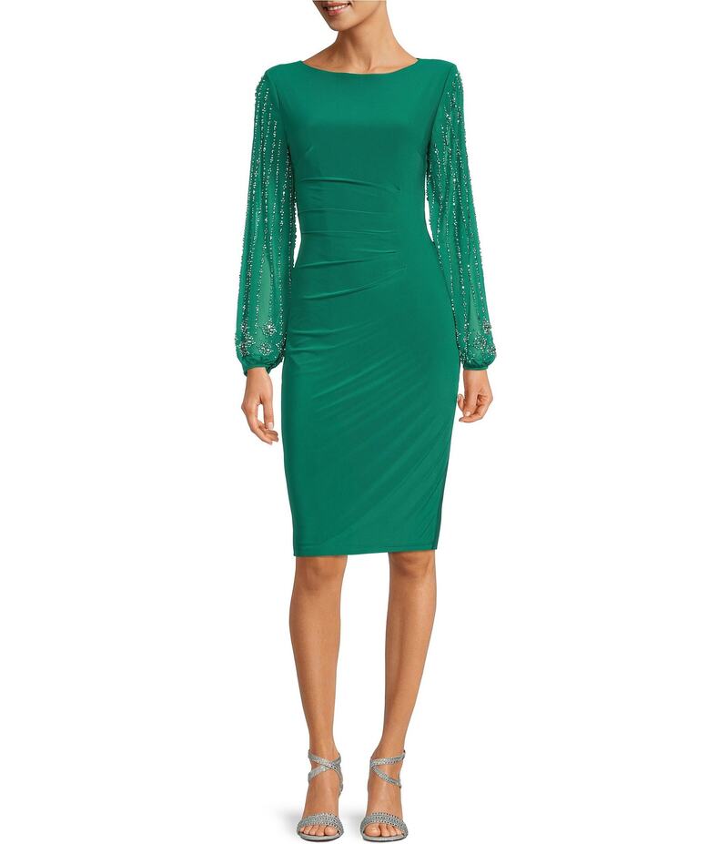 マリナ レディース トップス ワンピース ドレープ レース Marina Round Neck Beaded Lace Long Sleeve Side Drape Sheath Dress Emerald エメラルド