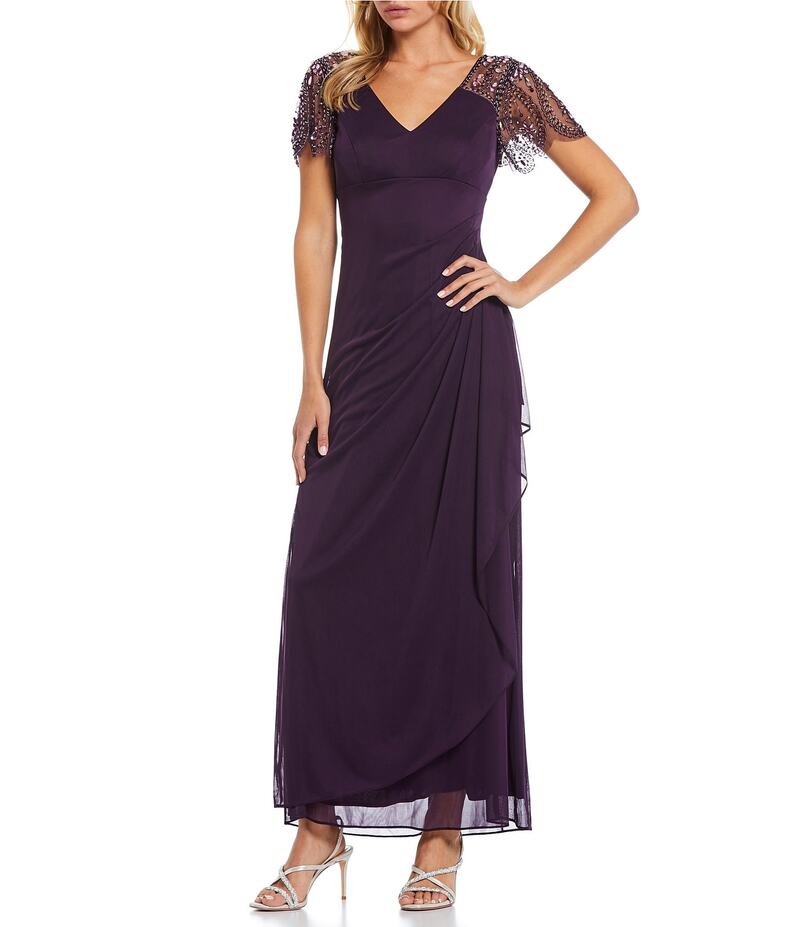 エスケープ レディース トップス ワンピース Vネック ドレープ シアー Xscape Short Beaded Sheer Flutter Sleeve Cascading Draped Waist V-Neck Beaded Gown Plum/Plum プラム｜ReVida 店